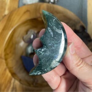 Green mossy Jasper Crescent Moon Stone with face